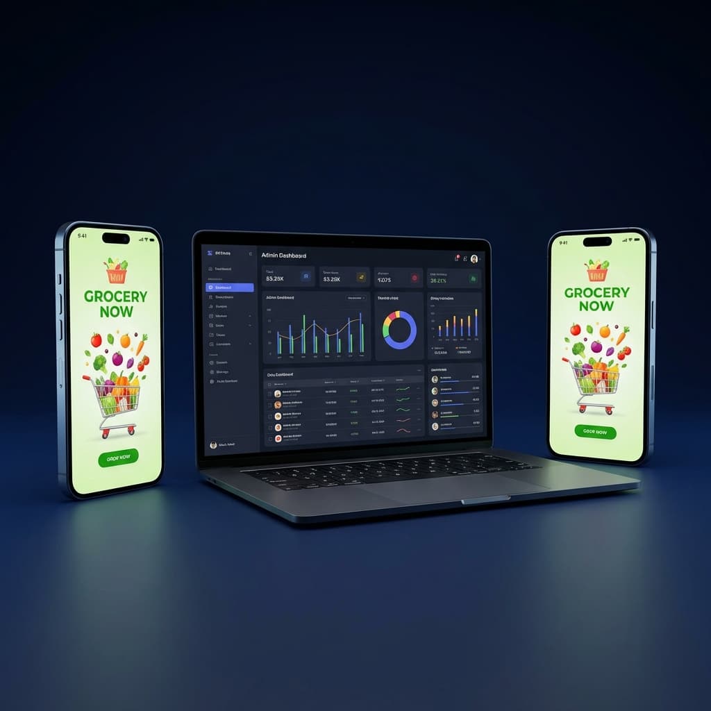 Grocery App Mockup on Phones and Laptop